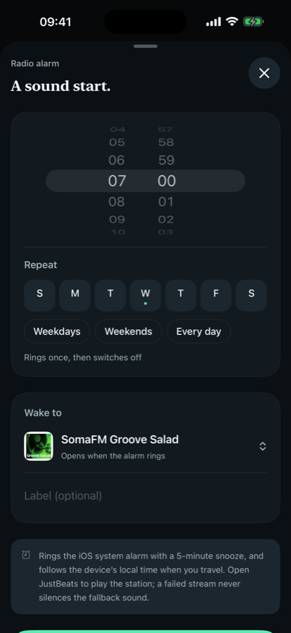 JustBeats Alarm screen
